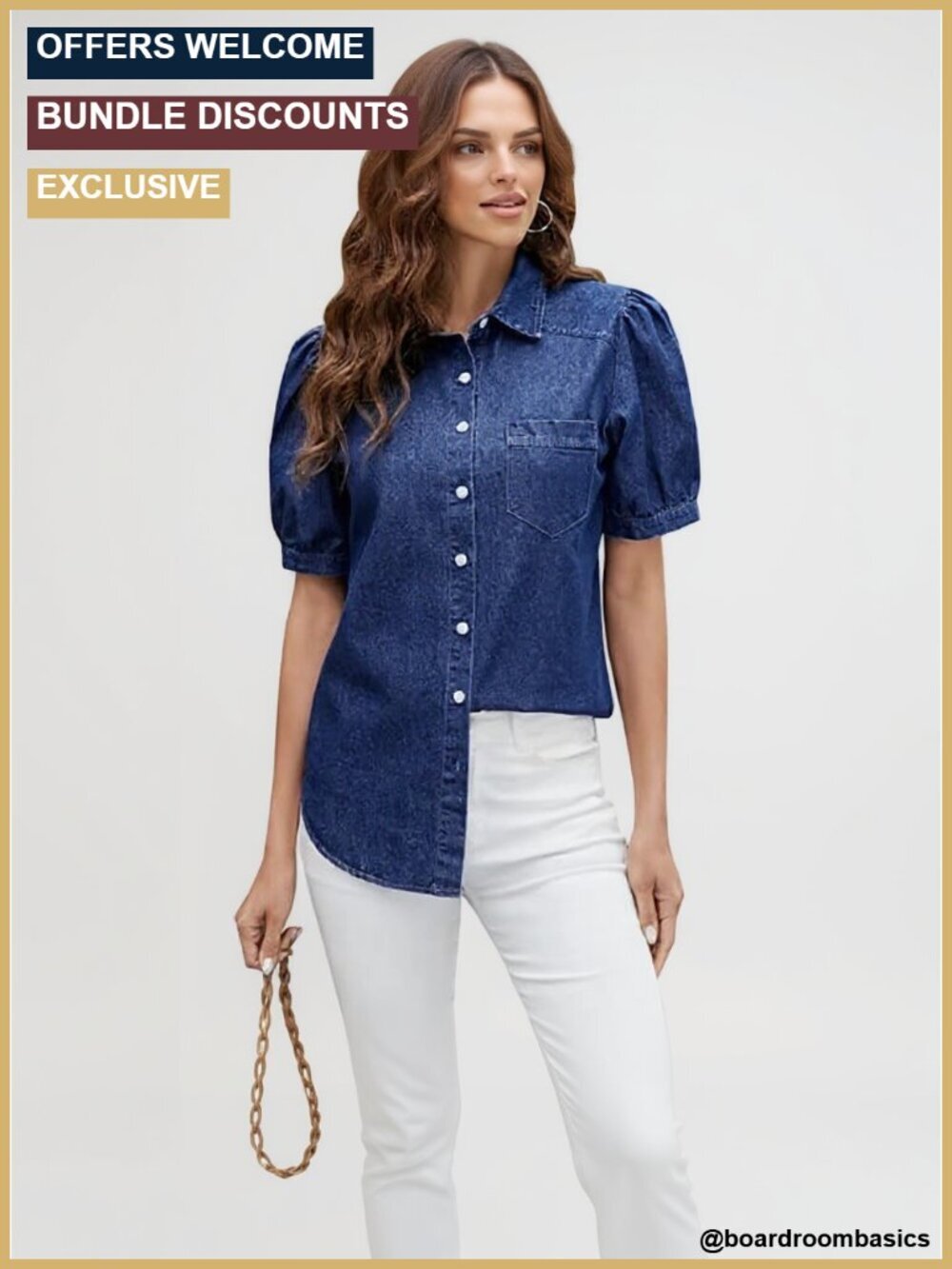 Denim Button Down Blouse with Puff Sleeves Business Casual Summer Top